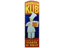 BOUILLON KUB : Plaque �maill�e plate illustr�e du c�l�bre M... - BOUILLON KUB : Plaque �maill�e plate illustr�e du c�l�bre Marmiton. Un petit �clat sous le pied droit, petites traces d'oxydations � nettoyer. Emaillerie Ed.Jean, 45 x 150cm.